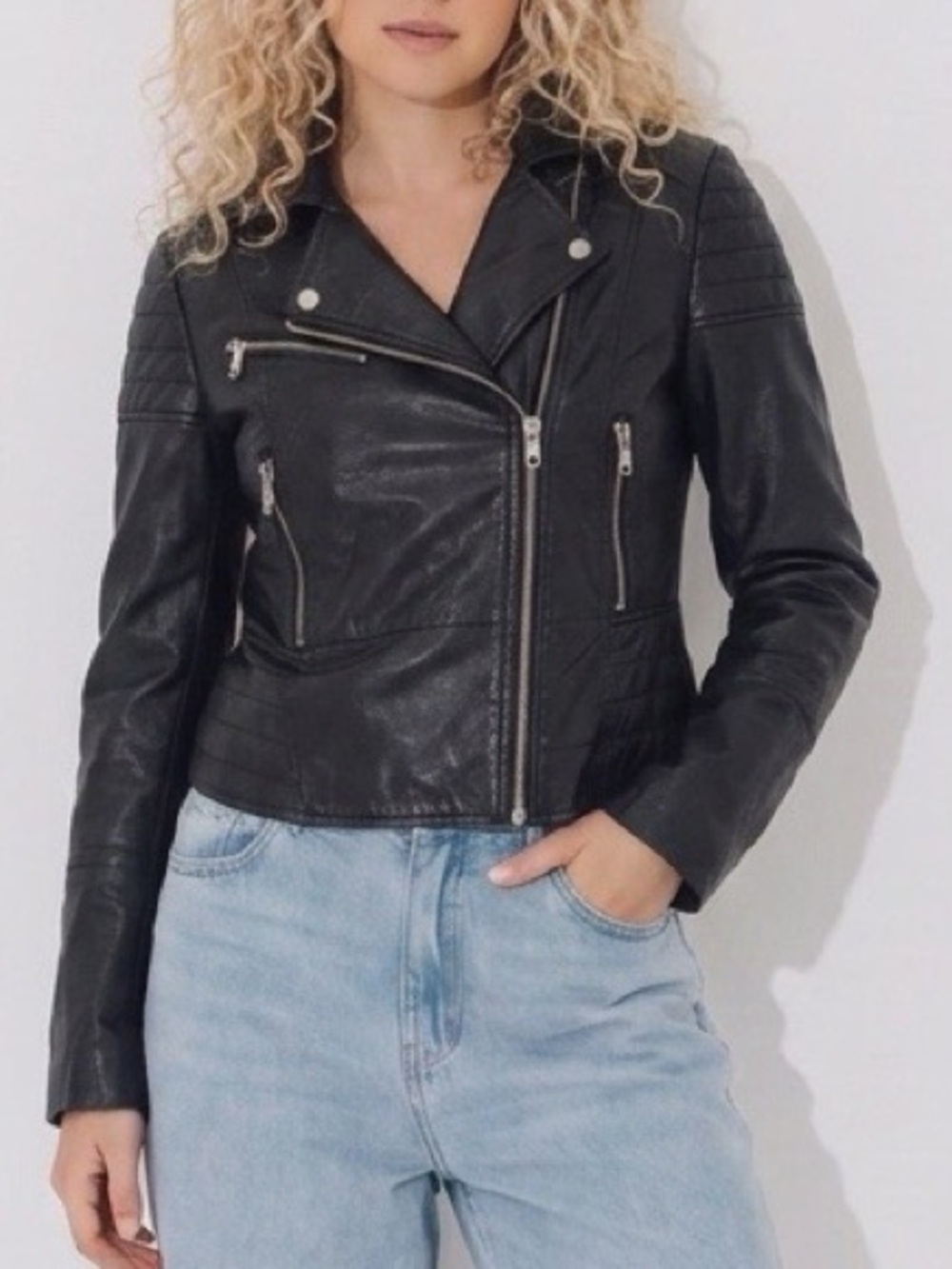 Barneys Originals Black Leather Moto Biker Jacket Size 12